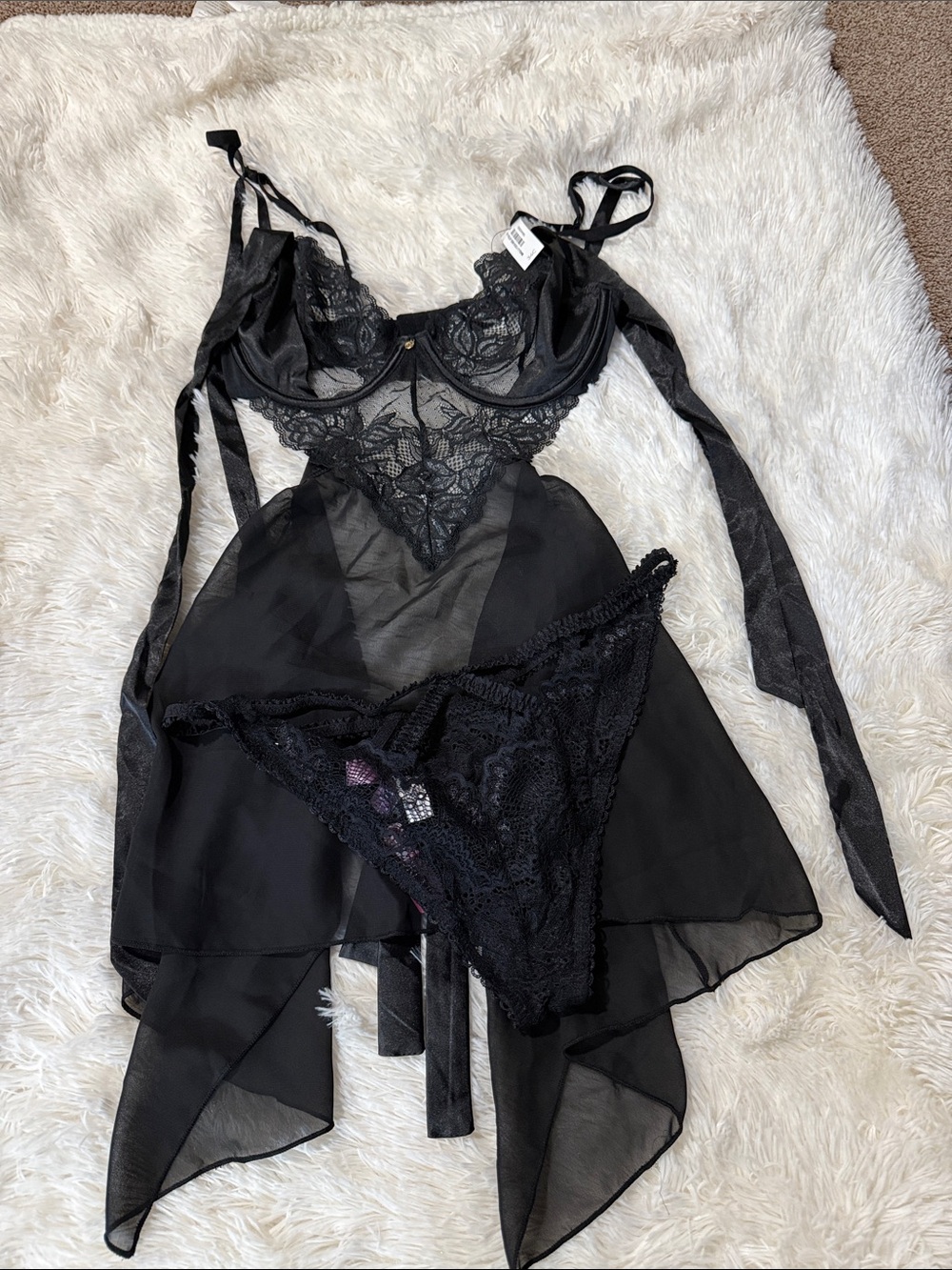 Adore Me Black Lace Sheer Babydoll Chemise with Matching Thong
